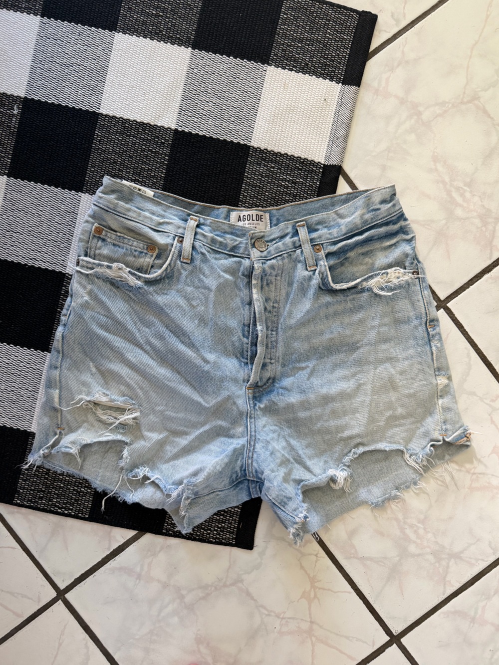 Agolde Light Blue Distressed Denim Cutoff Shorts